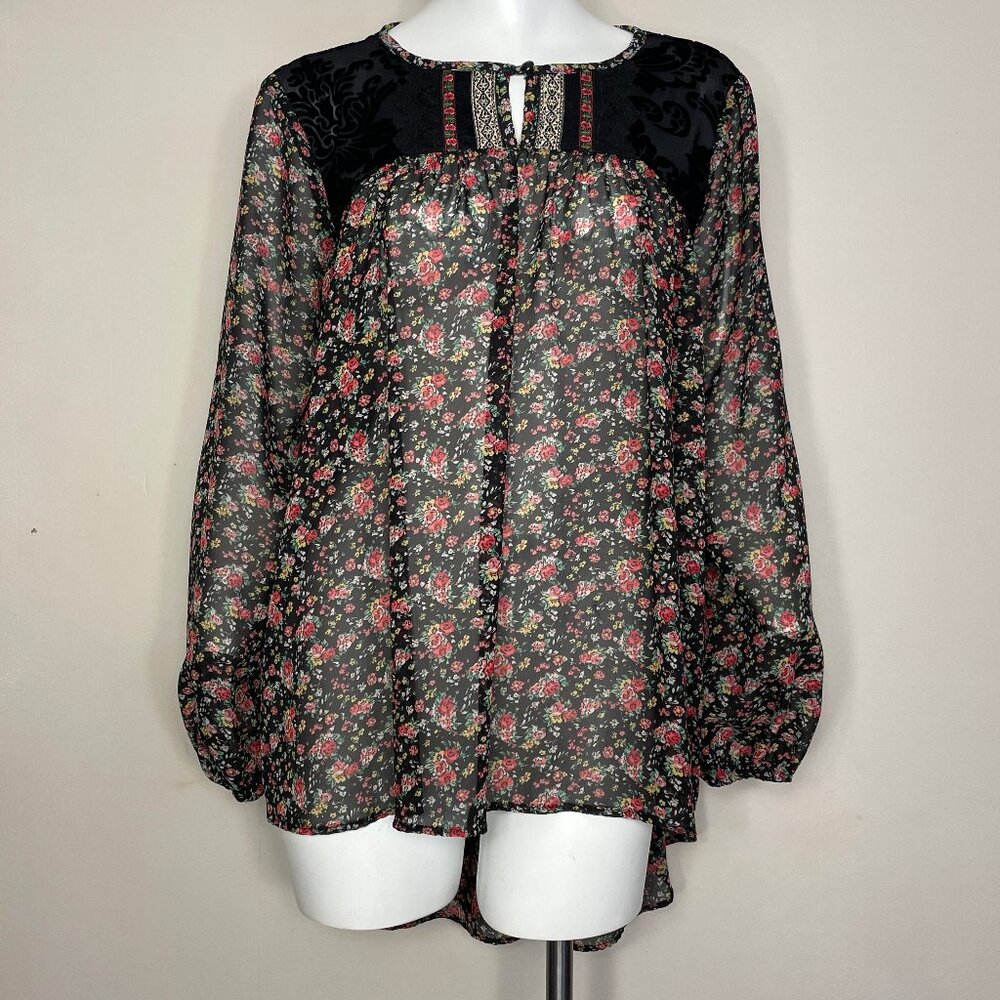 Ivy Jane Blouse XS Lace Sheer Tunic Top Floral Flounce Velvet Tiered Gypsy Boho